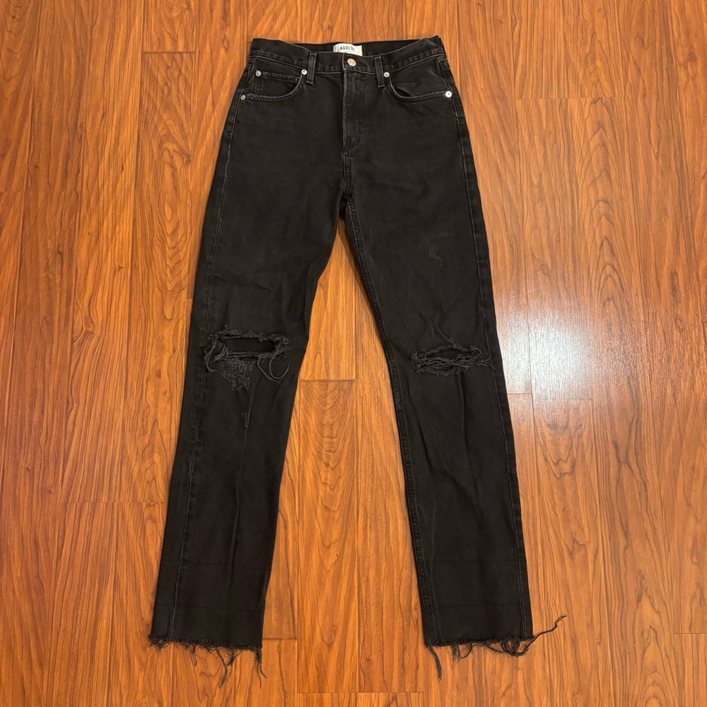 Agolde Black Straight Leg Ripped Jeans